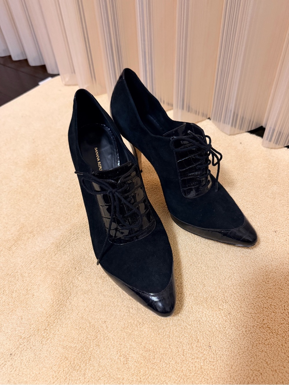 Banana Republic Black Suede & Patent Lace-Up Pointed Heels